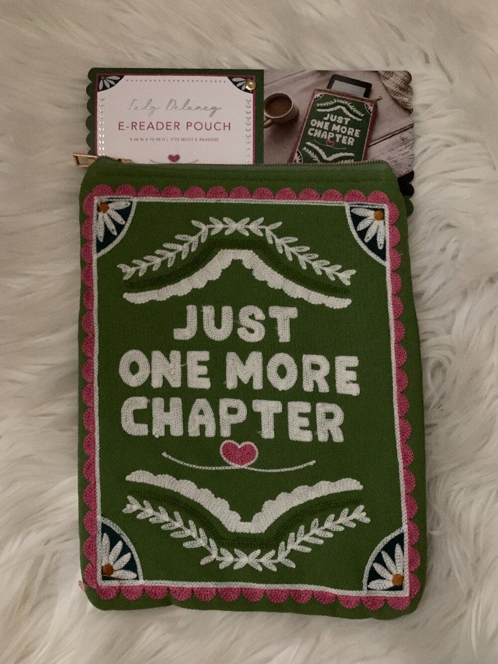 LADY DELANEY Just One More Chapter Embroidered E-Reader Pouch in Moss Green